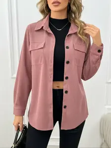 Women's Plain Button Front Pocket Corduroy Shirts, Casual Fitted Long Sleeve Collared Top for Fall & Winter, Women's Clothing for Daily Wear