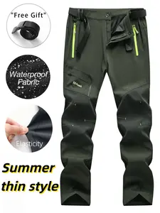 Outdoor Function Fleece Pants, Soft Shell Colorblock Waterproof Windproof, Knee Reinforced, Multiple Zip Pockets, Belt Included, Activewear