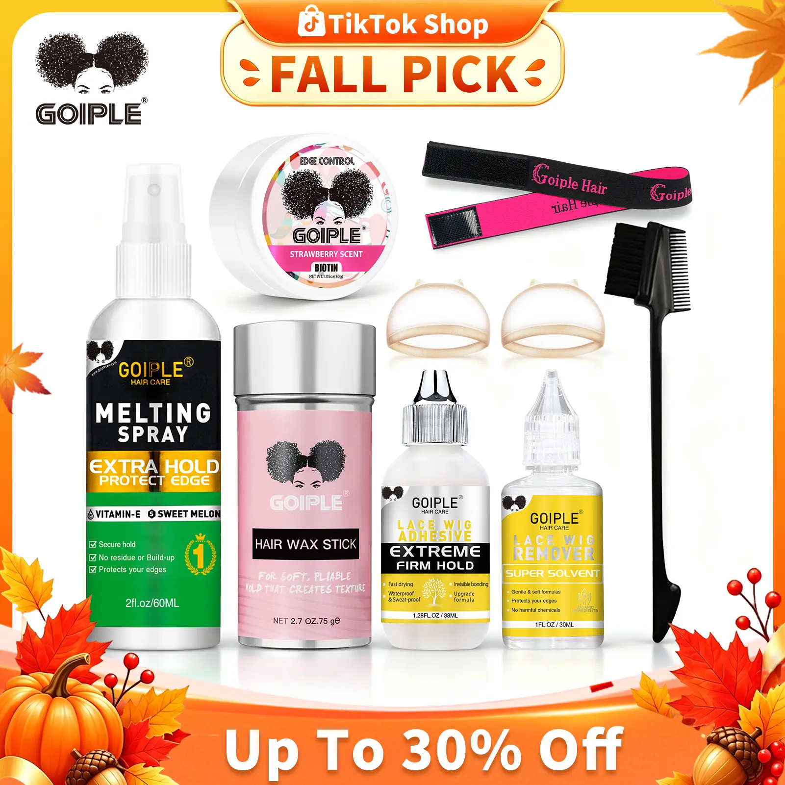 Goiple 9-Count Adult Wig Essentials Kit - 1.05oz Forehead-Lace Glue, Remover, Caps, Wig Grip Band, Hair Wax, Love At First Find Stick, Edge Control, Brush, Melting Spray for Glueless Scalp-Seamless Look (2.7oz, Elastic Band, Chebe Oil Set, Back to School)