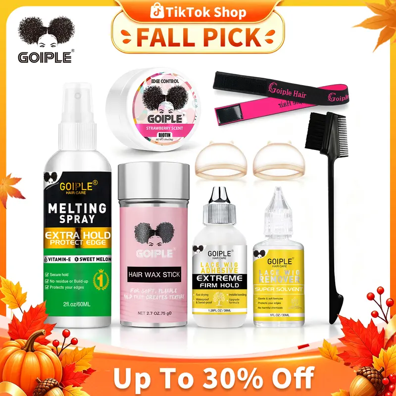 Goiple 9-Count Adult Wig Essentials Kit - 1.05oz Forehead-Lace Glue, Remover, Caps, Wig Grip Band, Hair Wax, Love At First Find Stick, Edge Control, Brush, Melting Spray for Glueless Scalp-Seamless Look (2.7oz, Elastic Band, Chebe Oil Set, Back to School)