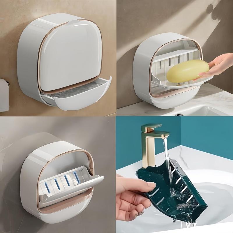 Soap Dish with Drain Box, Wall Mounted Soap Holder for Shower, Keeps Soap Dry, Waterproof Soap Box with Flip Lid for Shower, Punch Free Soap Bar Holder