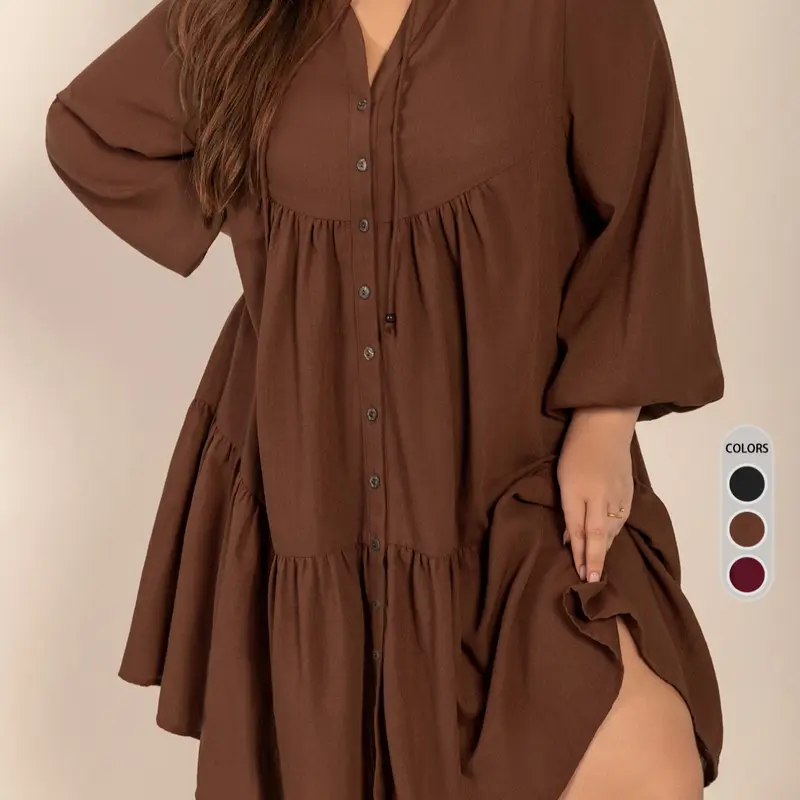 Plus Size Plain Button Front Pleated Hem Dress, Casual Fashion Long Sleeve Bishop Sleeve Dress, Fall & Winter Women's Clothing