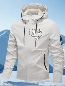 Men's Windproof Hooded Jacket, Full Zip Closure, Ski/snow Pattern Print, Suitable for Snowboarding, Motorcycle Riding, Outdoor Sports
