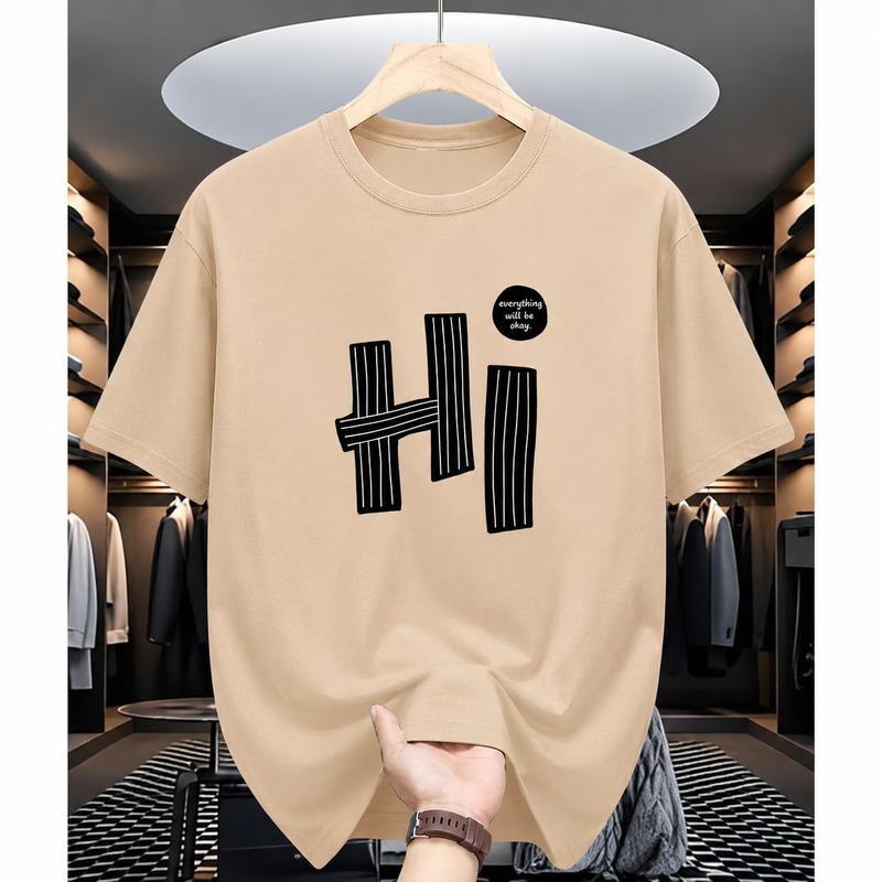 Men's "Hi" Letter Pattern All-Over Print 100% Poly Knitting Short-Sleeve T-Shirt, Casual Minimalist Regular-Fit Menswear Top, Summer Versatile Round Neck, Custom Position Printing, Machine Washable