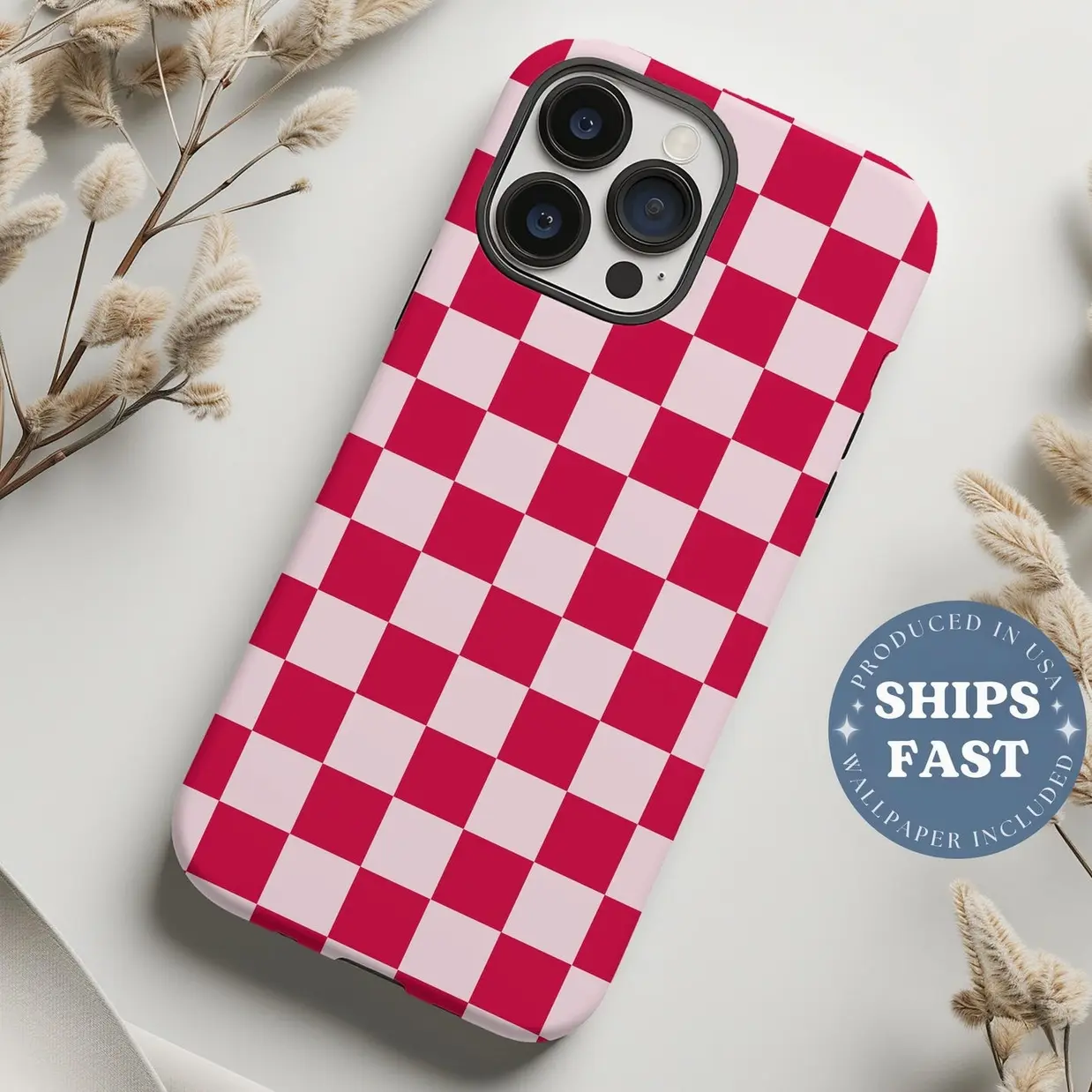 Red Pink Checkered Phone Case, Cherry Phonecase, Checker Phone Case, Pastel Checkerboard Phone Case Girly
