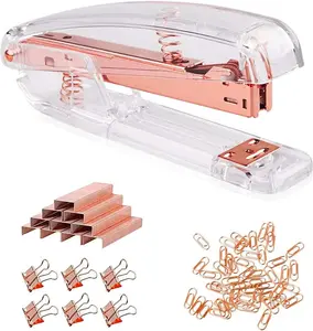Acrylic Desktop Stapler with 1000 26/6 Staples, 6 Binder Clips & 50 Paper Clips, Desk Accessory Kit for Home Office School (Rose Gold) Noger