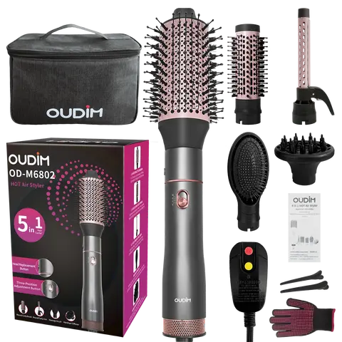 OUDIM 5-in-1 Round Brush Blowdryer Hair Dryer Set - Attachment Blow Brush, 0.7in Tight Curl Hot Air Styler for Fine Hair, 3 Temp & Wind Settings, Travel Bag for Portability, 5 In 1 Hair Dryers