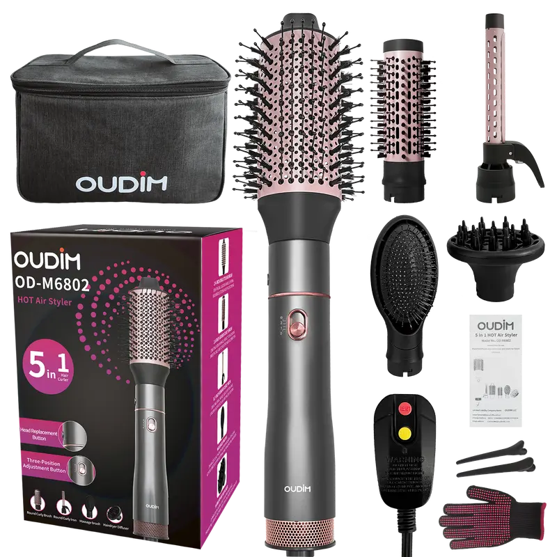 OUDIM 5-in-1 Round Blowdryer Brush Set - 0.7in Tight Curl Hot Air Styler, Oval Attachment, 3 Temp & Wind Settings, Travel Bag, for Fine Hair Blowout & Growth