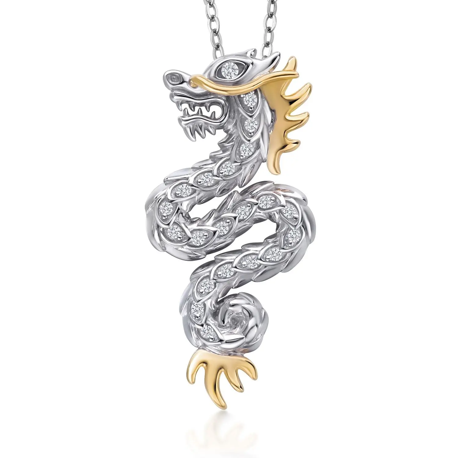 Dragon Necklace with Lab Grown Diamond | 925 Sterling Silver and 10K Gold | Dragon Pendant Symbolize Luck Strength and Success | With 18 Inch Chain | Designed By Keren Hanan