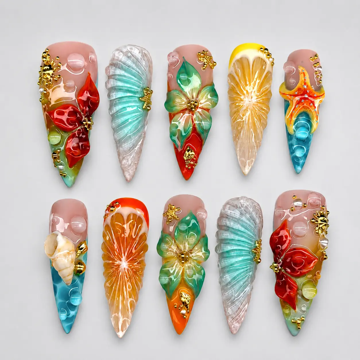 Summer Tropical Ocean Press On Nails Long Stiletto 3D Flower Shell Starfish Citrus Handmade Acrylic Nails Beach Vacation Nail Art Reusable Glossy Fake Nails for Women Girls