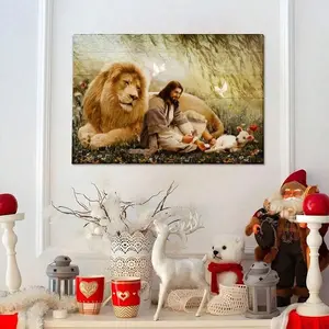 1pc Solid Wood Frame Jesus With The Lion And Lamb, In Harmonious Coexistence, Religious Symbolism Theme Canvas Posters & Prints, Large Canvas Wall Art, 2D Flat, Easy Hang Tabletop Or Wall Display, For Halloween, Christmas, Bedroom, Living Room, Decoration
