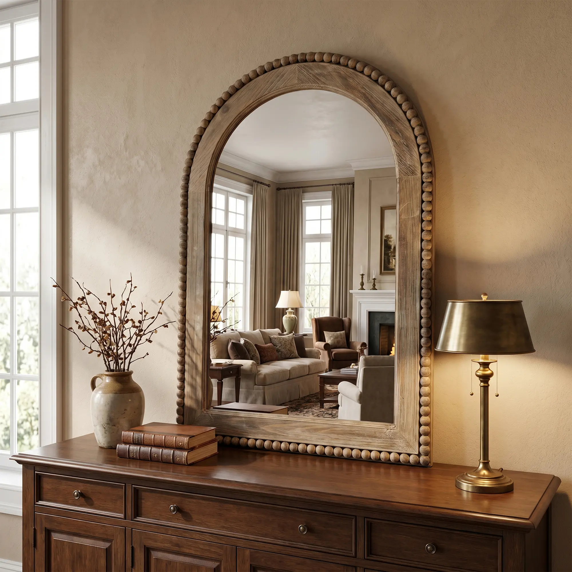 39" Beaded Arched Window Wood Wall Mirror
