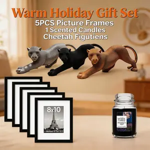 Warm Holiday Prosperity Gift Set: Resin Cheetah & 5PCS Plastic Picture Frames & 22oz Mid Summer's Night Scented Candle Customizable Luxurious Home Decor original smelling candles at target