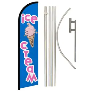 Windless Outdoor Ice Cream Banner & Steel-Aluminium Pole Kit, 11.5x2.5 ft Polyester Banner, Steel Pole for Festive Supplies, Home Backdrops