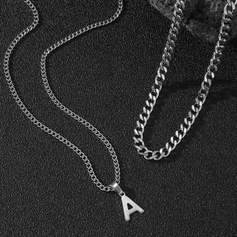 Fashion Letter Charm Pendant Necklace for Women & Men, Letters Necklace, Initial Letter Necklace, Cuban Link Necklace, Cuban Link Chain, Stainless Steel Jewelry for Party, Daily Clothing Decor, Trendy Jewelry for Birthday Gift, Stainless Steel Necklaces
