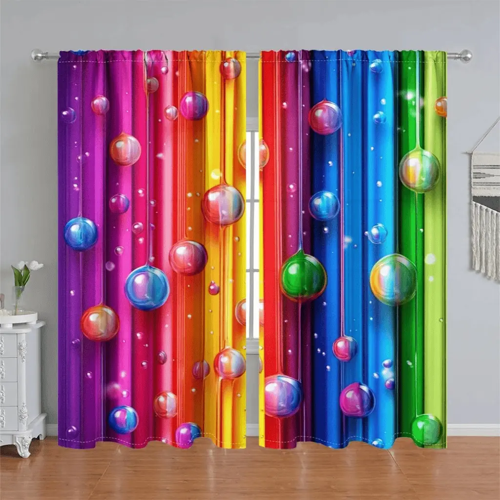 2Pcs rainbow gradient bubble print curtain panel, Home Decorative Curtain, luminous colorful spheres, pole pocket style, semi sunshade polyester fiber, suitable for home living room, bedroom, balcony, kitchen decoration