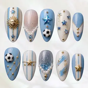 Handmade Argentina Flag Nails, Blue White Sun Press On Nails