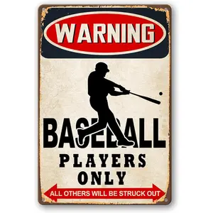 Baseball Decor Tin Sign, Warning Baseball Players Only All Others Will Be Struck Out Metal Sign Baseball Decorations For Boys Room, Baseball Poster For Boys Bedroom Sports Signs, Home Wall Decor