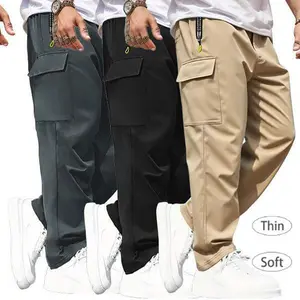 Men’s casual solid-color lightweight sweatpants, 3-pack, multi-pocket design, drawstring waist, soft thin polyester fiber fabric for outdoor workouts and running, camouflage pattern men’s clothing set, work pants gift