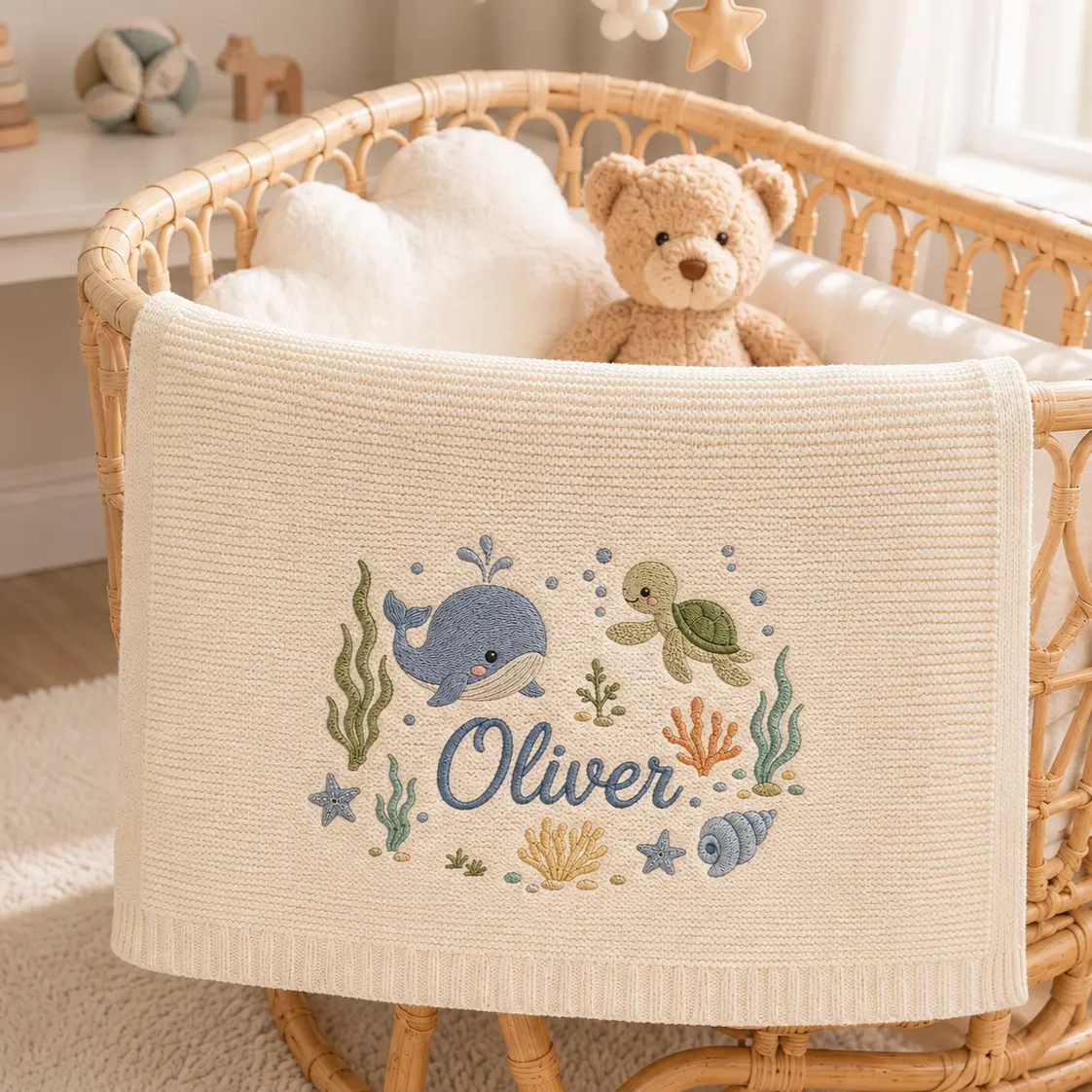 [Made-to-Order] Personalized Ocean Animals Embroidered Knit Blanket, Custom Name Baby Blanket, Whale Turtle Sea Life Quilt, Nautical Nursery Keepsake Gift