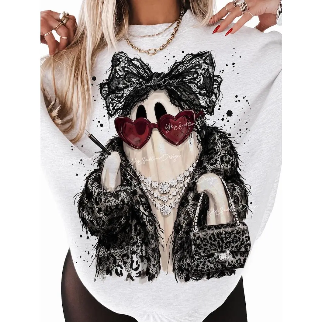 Coquette Ghost sweater, Coquette Lace Ghost Halloween sweater, Preppy Ghost sweater, Mob Wife Halloween