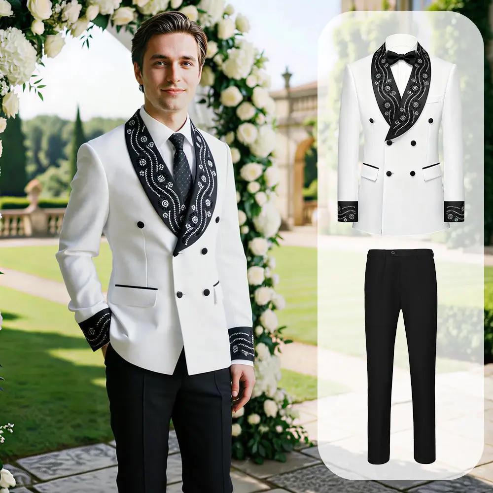 Men's 2 Pcs Black & White Contrast Suit, Luxury Rhinestone Shawl Lapel Double-Breasted Tuxedo for Wedding, Party & Formal Events
