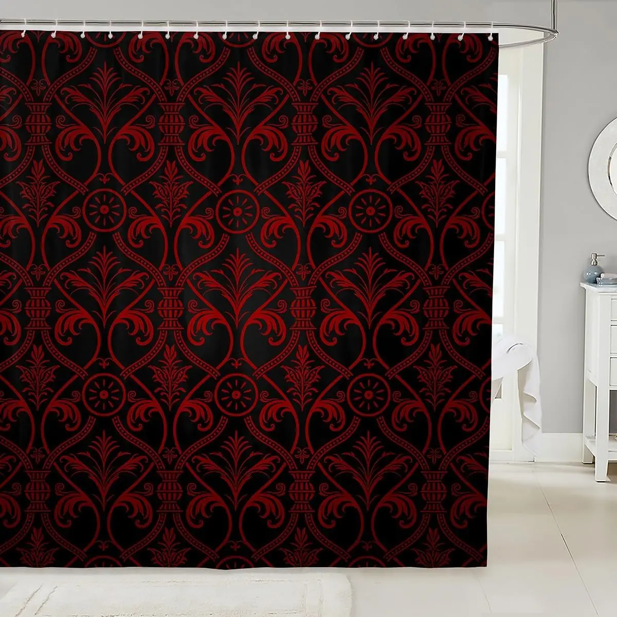 Red Black Gothic Shower Curtain Bathroom,Vintage Goth Floral Damask Bathroom Curtain Antique Victorian Baroque Bathtub Accessories Bohemian Exotic Bath Curtain 12 Hooks