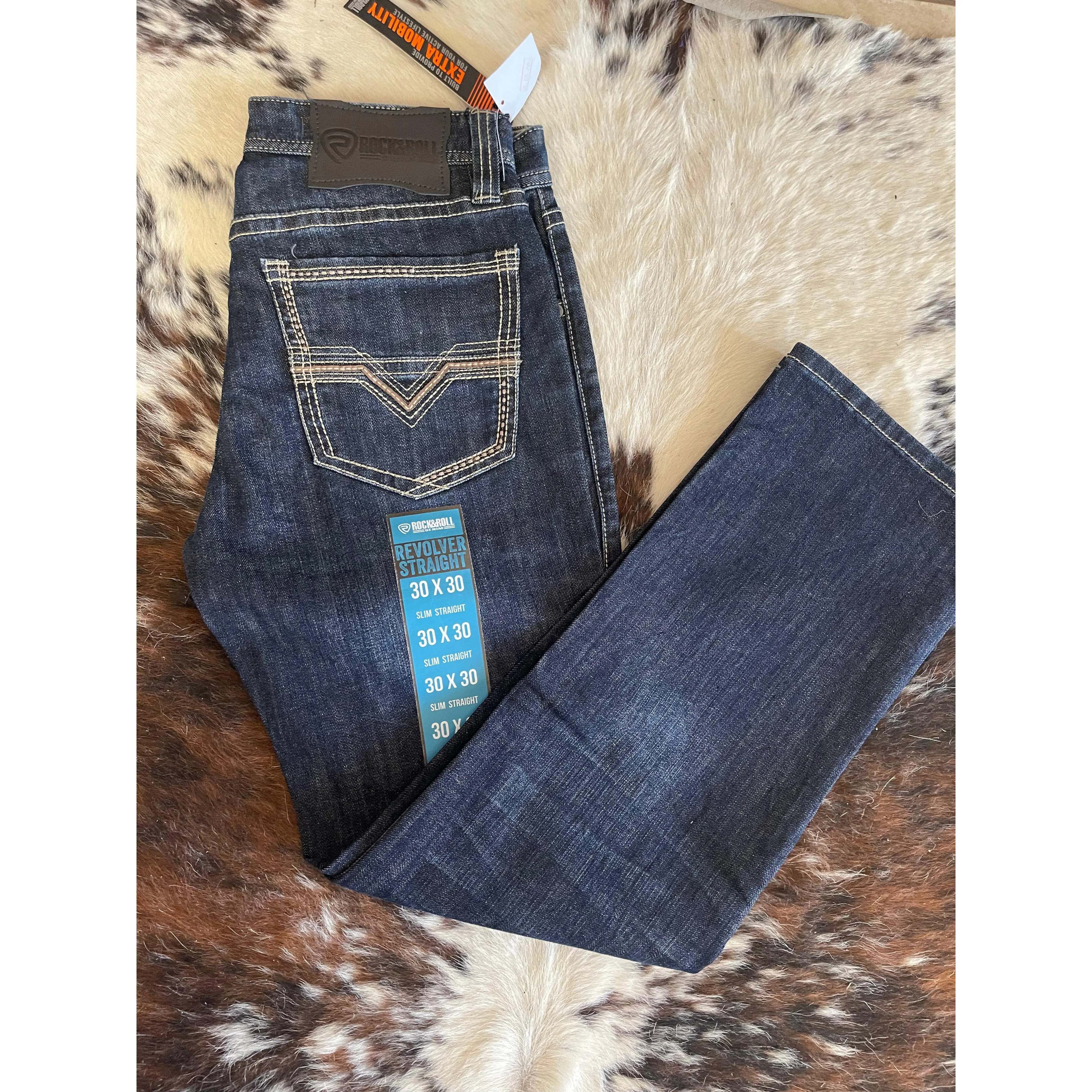 Rock&Roll Denim Natural Leather Revolver Straight Jeans - Dark Wash