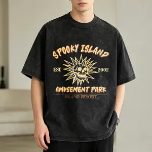 Men's Vintage Washed T-Shirt Spooky Island Amusement Park Skull Sun Oversized Graphic Tee Outdoor Casual Short Sleeve