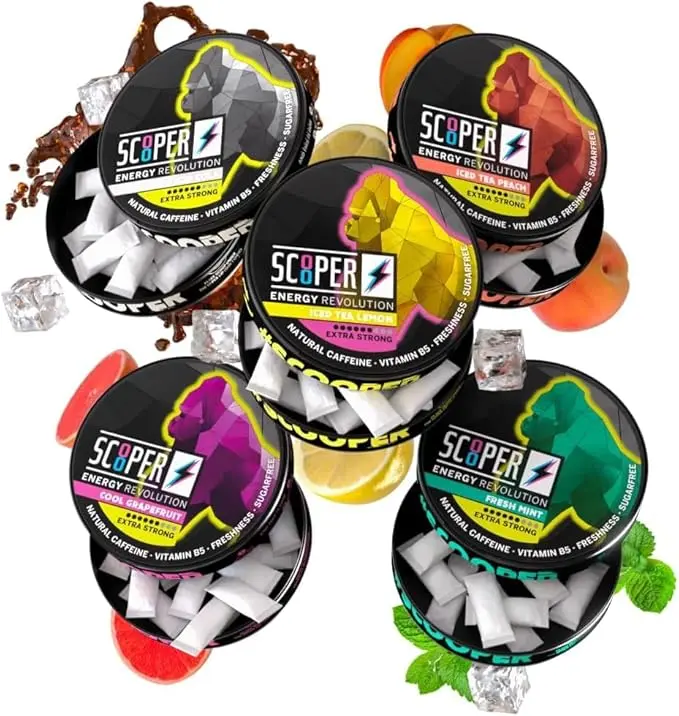 SCOOPER Energy I 5 cans I All-in-One-Box I Energy Pouches Sugar-free I 80 mg Natural Caffeine All Flavor Pack I 12 Pouches I Cool Grapefruit, Fresh Mint, Iced Cola, Iced Peach & Lemon Tea