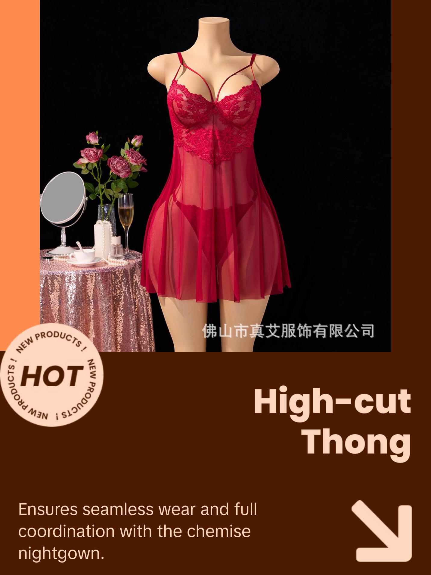 Women's Floral Lace 2-Piece Chemise Set - Sleeveless Thin Spaghetti Straps, Sweetheart Plunge V-Neck, Built-In Cups, Chiffon Rayon A-Line Silhouette Sheer Skirt, High-Cut Thong Panty - Honeymoon Intimate Loungewear Nightwear, Hand Wash Only