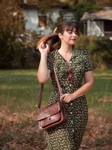 GREEN/RED 1940S LAPEL BUTTONS DITSY FLORAL DRESS Casual Boho Chic Casual Boho Soft