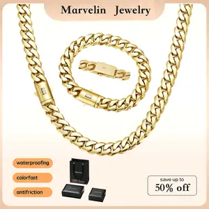 Marvelin Jewelry Set 2pcs 14K Gold Vacuum Plated Stainless Steel With Copper Black "S" Ear Clasp Miami Cuban Link Chain 6-14mm Necklace & Braceletfor Women & Men Luxury Jewelry, Daily Wear, Fashion, Gift, Chicano, Classic, Hip Hop, Valentine's Day Gift