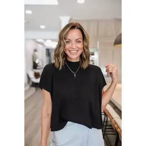 Zenana Viscose Mock Neck Short Sleeve Boxy Sweater WH