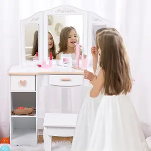 GARVEE Princess Vanity Set for Toddlers - Elegant White Vanity with Mirror, Stool, and Makeup Playset for Imaginative Play, Perfect for Little Ones to Explore Their Creativity and Style.