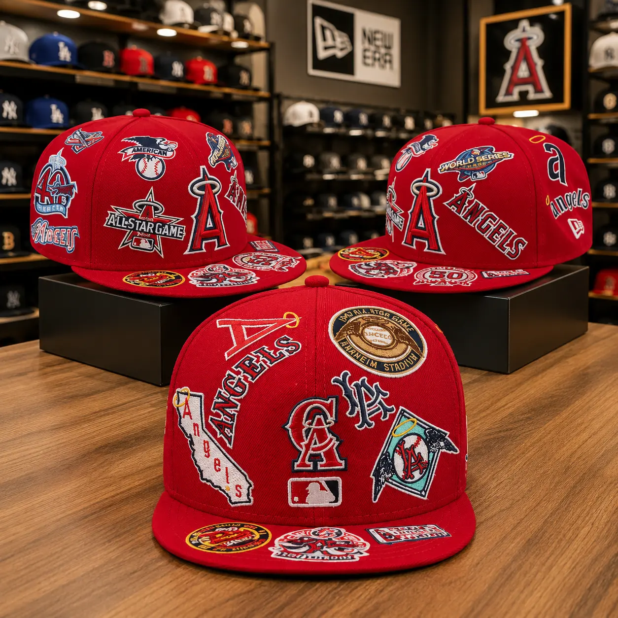 New Era Los Angeles Angels 59FIFTY Fitted Cap – Red All Over Embroidered Flat Brim Baseball Hat, Premium Collector Style