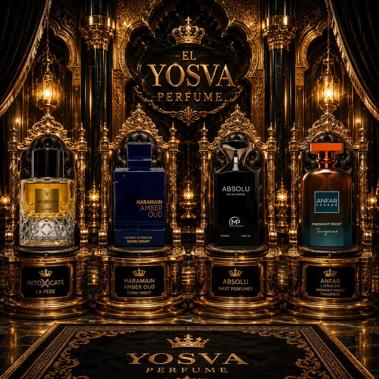 Yosva Bundle | Bharara Absolu + Anfar Midnight Frost Tangerine + Al Haramain Dubai Night Out + Khadlaj Intoxicate | Men's Fragrance | 100 ML - 3.4 OZ | Eau De Parfum | Bergamot - Pink Pepper & Patchouli