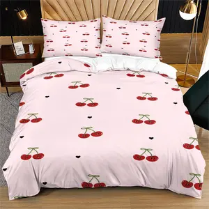 Cute Cherry & Heart Duvet Cover Set, 2/3-Piece (1 Duvet Cover + 1-2 Pillowcases) Soft Microfiber Bedroom Bedding, Soft Material, Pink Kawaii Design – Perfect Gift for Girls & Teens