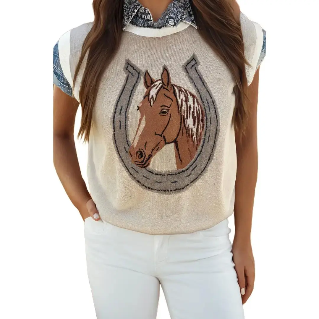 Women's Western Horseshoe Knit Sweater Vest - Lightweight Round Neck Sleeveless Cowgirl Layering Top for Everyday Style Clothes, Casual Womenswear Crewneck