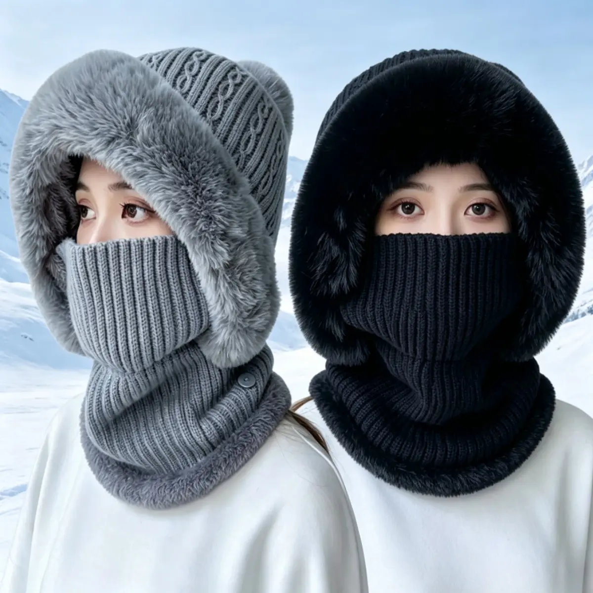 Women Winter Beanie Hat Cable Knit Fleece Lined Neck Warmer 2 In 1 Hood Scarf Thick Cozy Warm Cold Weather Cap Gift For Her
