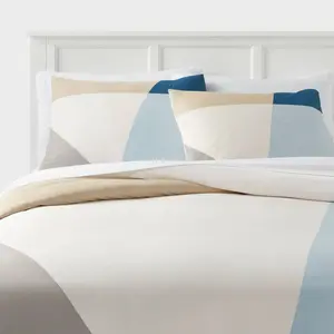 Full/Queen Cotton Blend Sateen Duvet Cover and Sham Set Ivory/Light Blue/Khaki Geo - Room Essentials: 225 Thread Count, OEKO-TEX Certified