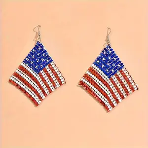Women's Fashion Earrings, Geometric Square Mesh Design with American Flag Pattern, Independence Day Celebration Trendy Jewelry