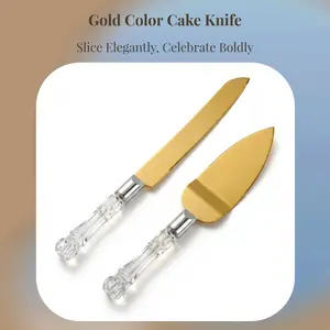 Cake Knife and Server Set, Cake Cutter and Pie Spatula, Gold Blade and Faux Crystal Handle Wedding Cake Cutting Set, Stainless Steel Gold Knife Set for Party, Birthday, and Anniversary