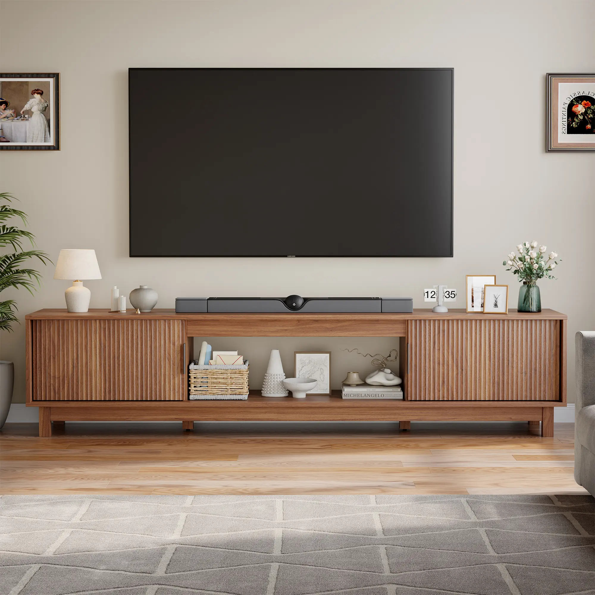 Sweetcrispy Mid Century Modern TV Stand - Wooden Construction Entertainment Center Media Console Table with Storage Cabinet, Cable Management Hole for Living Room, Office