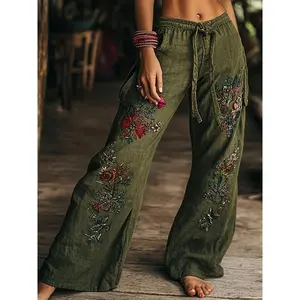 Women's Printed Wide-Leg Pants, Large Hem and Drawstring Waist Design - Olive Green Long Pants, Suitable for Festivals, Weddings, Casual Wear - Suitable for All Seasons