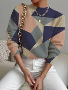 Elegant Women's Geometric Print Pullover Sweater, Stand Collar Long Sleeve Loose Fit, Fall & Winter Casual Knitwear, Cute Floral Pattern