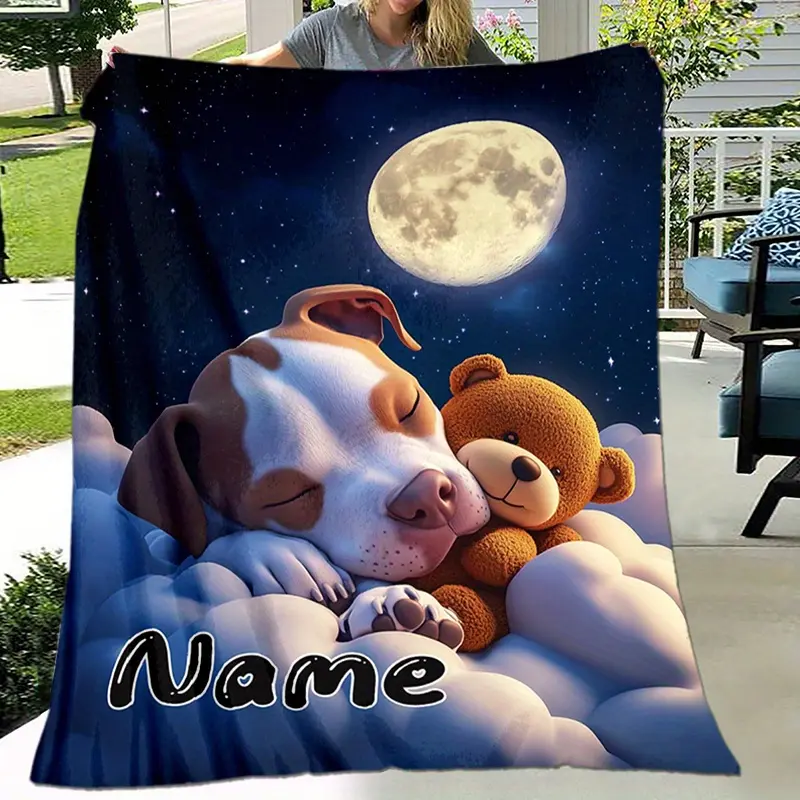 Personalized Sleeping Pitbull Puppy Moon Throw Blanket, Custom Name Night Sky Themed Cozy Blanket, Soft Fluffy Lightweight Blanket for Kids & Dog Lovers, Anti-Pilling Washable Decorative Blanket