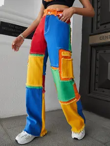 Street Style Streetwear Asymmetrical Multi-Color Patchwork Jeans, Slim-Fitting Denim Jeans for All Seasons, Trendy Fashion Clothing