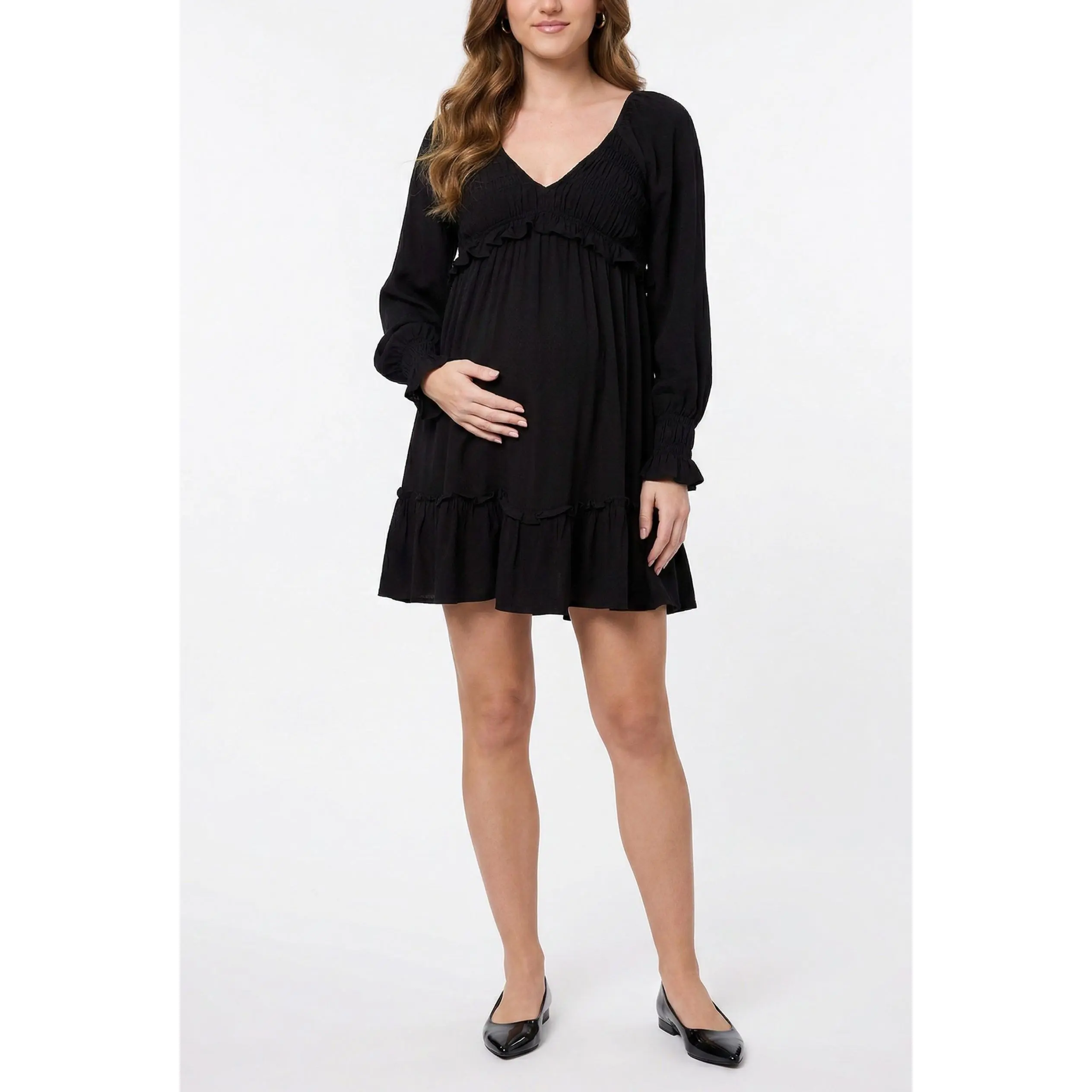 Motherhood Maternity Women's V-Neck Long Sleeve Smocked Tiered Short Maternity Dress - Pregnancy & Postpartum Dress