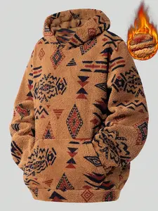 Men's Retro Totem Pattern Long-Sleeve Hoodie with Large Kangaroo Pocket Plush Warmth Pullover Design for Autumn Winter